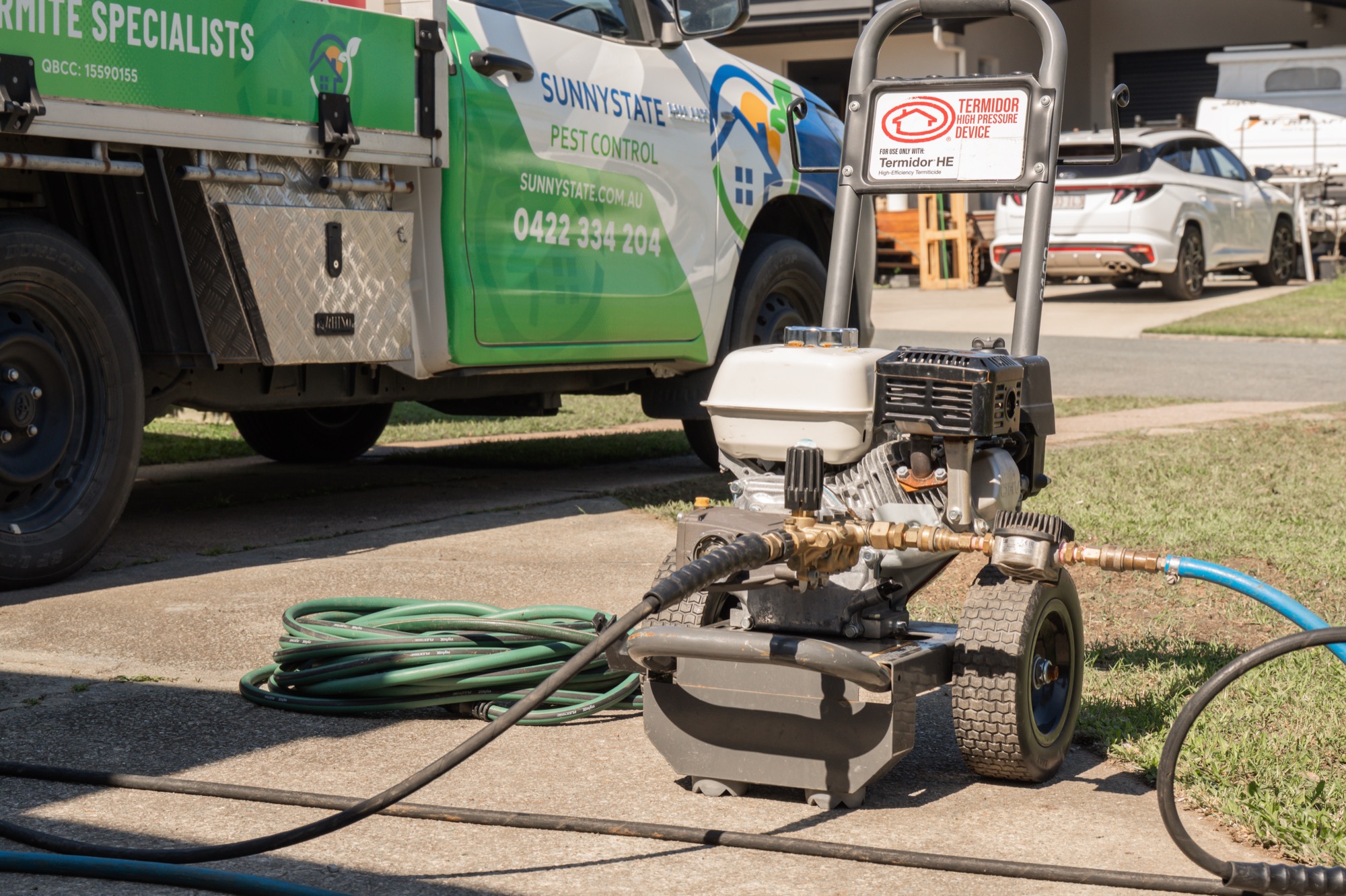 Sunnystate Pest Control branded ute with Termidor High Pressure Device — termite barrier specialists